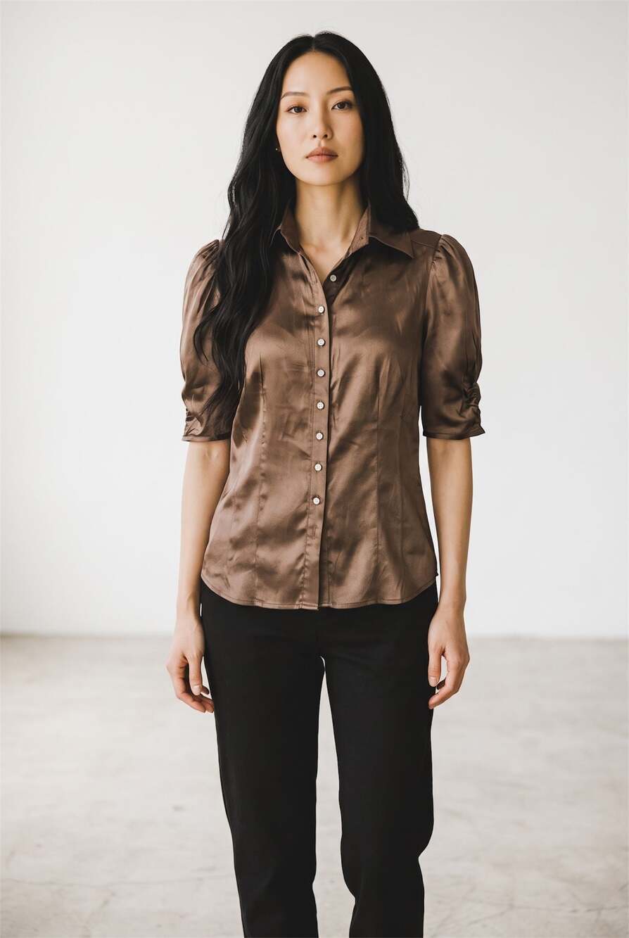 bebe Women's Silk Blend Button-Down Blouse in City Brown with Puff Sleeves